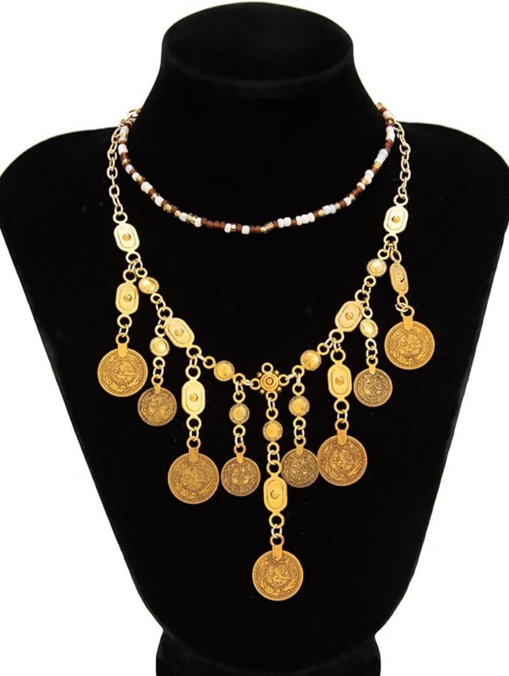 Boho Coin Charm Necklace Layered Beaded Chunky Gypsy - Picture 2 of 5